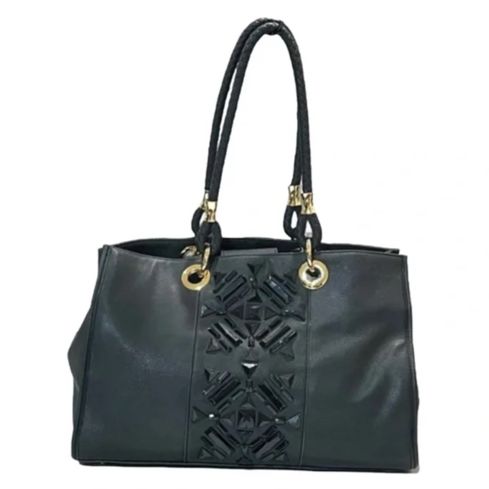 Iman Black Faux Leather Beaded Purse Bag